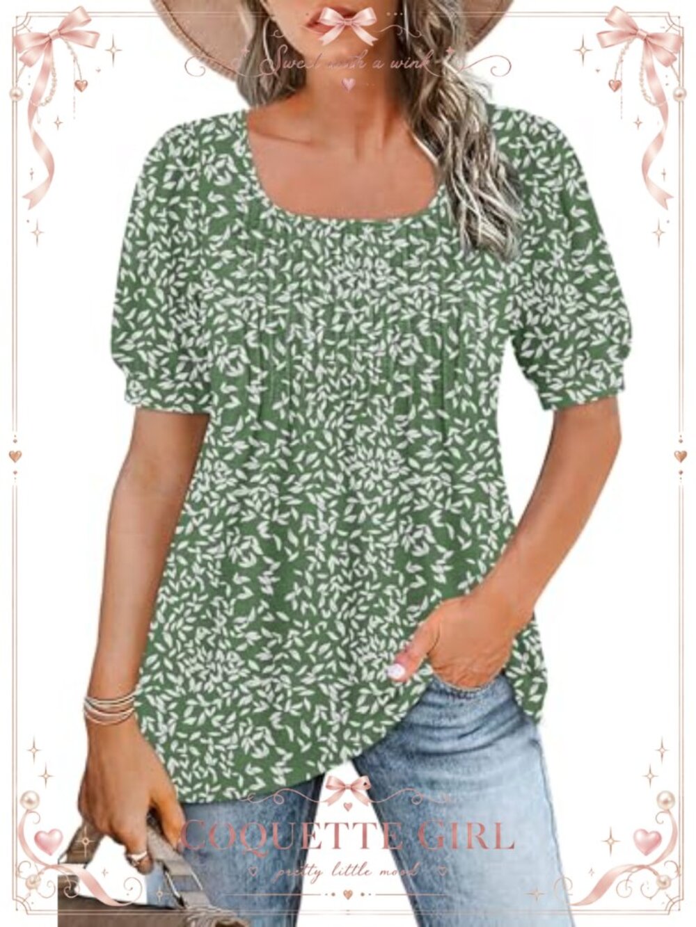 Square Neck Puff Short Sleeve Babydoll Tunic Top Pleated Loose Fit